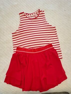 Task Performance Red & White Striped Tank with Red flowy double tiered skort-S